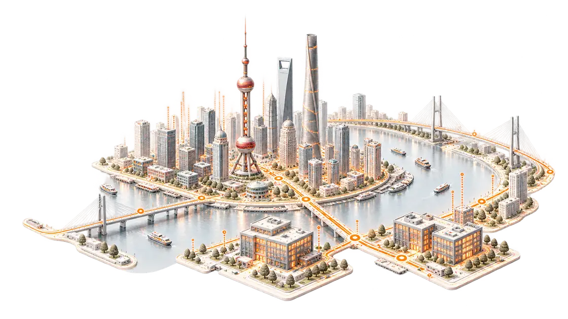 Isometric illustration of Shanghai and an enterprise technology network.
