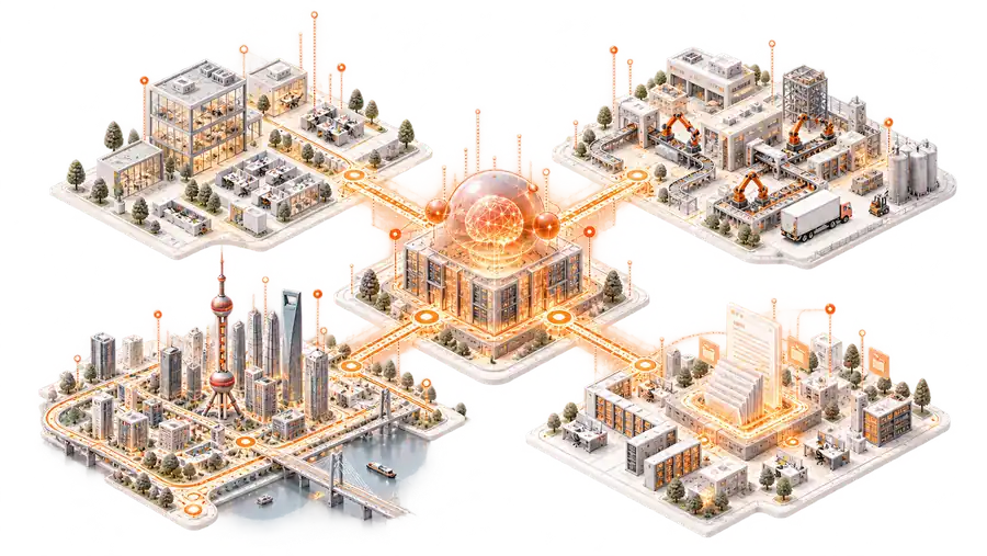 Isometric illustration of enterprise AI capabilities connected to industry workflows.