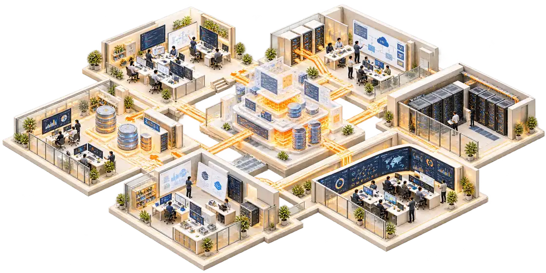 Illustration of software development, integration, data platforms and IT operations working together.