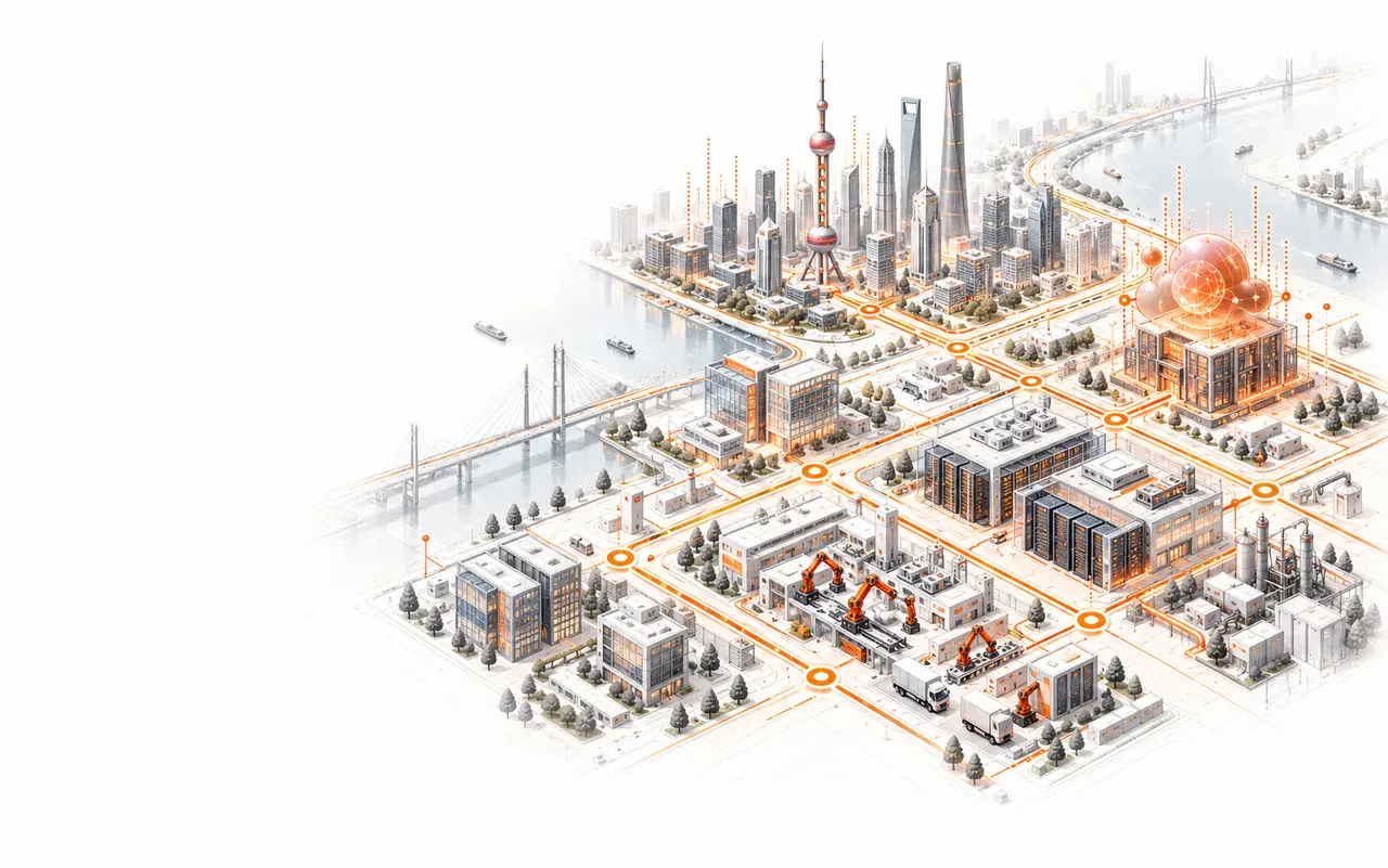Isometric illustration connecting Shanghai, manufacturing operations, enterprise systems, data platforms and AI.